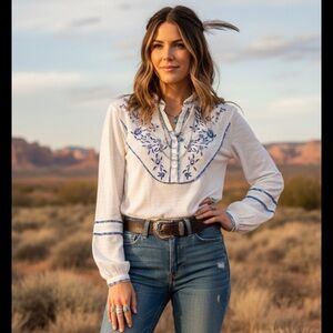 Free People Sundance Kid Western Embroidered Henley White XS Boho Rodeo Cowgirl